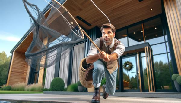 DALL·E 2024-01-09 22.59.15 - A close-up, natural photograph of a hotel director at the entrance of a boutique hotel, actively throwing a large fishing net with the intention of fi