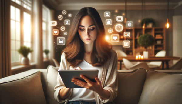 DALL·E 2024-01-10 07.00.51 - A realistic horizontal photograph of a young woman sitting on a sofa at home, engrossed in looking at her iPad, which reflects her being heavily influ