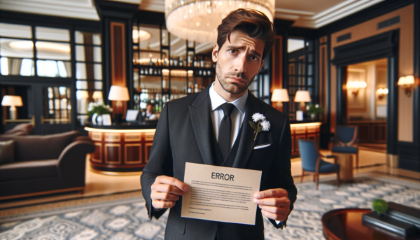 DALL·E 2024-01-10 07.08.40 - A natural looking horizontal photograph of a hotel manager, standing in a hotel lobby, looking sad while holding a piece of paper with an error messag
