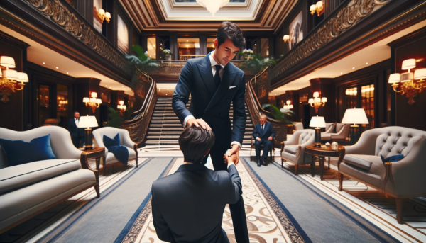 DALL·E 2024-01-10 07.24.03 - A photographic style, horizontal image depicting a hotel director helping another hotel director to stand up from the ground. Both individuals are dre