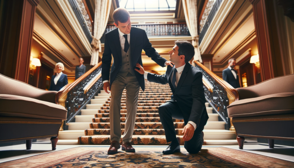 DALL·E 2024-01-10 09.02.22 - A natural, photograph-like horizontal image depicting a hotel director helping another hotel director to stand up from the ground. Both are dressed in