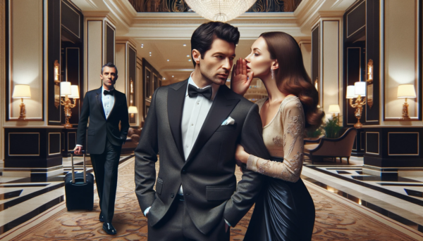 DALL·E 2024-01-10 09.23.53 - A realistic, natural horizontal photograph. It depicts a scene where a woman is whispering into her husband's ear, criticizing the hotel director who