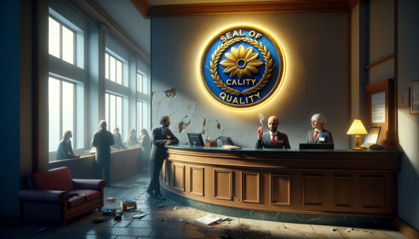 DALL·E 2024-01-10 09.52.10 - A close-up realistic horizontal photograph of a hotel reception area, focusing on contrasting elements. The 'seal of quality' award is prominently dis