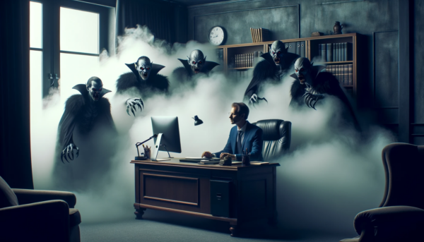 DALL·E 2024-01-12 11.33.59 - A natural, horizontal photograph of a hotel director in his office, sitting in front of a computer, surrounded by thick smoke. Behind the smoke, sever