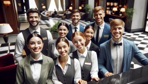 DALL·E 2024-01-14 09.02.33 - A natural, photographic-style image capturing a group of happy, dedicated hotel workers. The scene is set in a hotel lobby, with a mix of staff includ