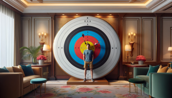 DALL·E 2024-01-20 21.17.53 – A realistic horizontal photograph depicting a hotel guest standing at the center of a large archery target. The setting is a luxurious hotel lobby wit DALL·E 2024-01-20 21.17.53 - A realistic horizontal photograph depicting a hotel guest standing at the center of a large archery target. The setting is a luxurious hotel lobby wit