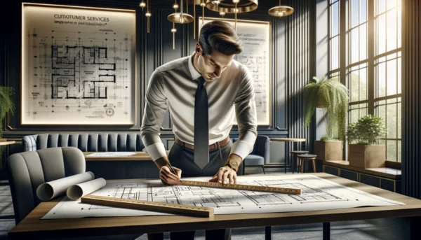 DALL·E 2024-02-17 08.37.12 - A photo-realistic horizontal image of a hotel director at a large table, using a ruler to measure architectural plans. The room is filled with natural