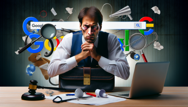 Director de hotel de raza blanca, muy preocupado por que piensa que le faltan datos de lo que vende online. Esta rodeado de cosas relacionadas con el posicionamiento en google que parece que le atormentan y le golpean.