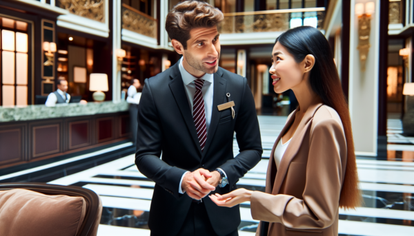 Director de hotel, en actitud muy cercana con una huesped mostrando interes para conocer mas cosas sobre sus preferencias