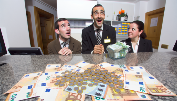 Recepcion de un hotel espanol con muchos billetes de 100 y 50 euros y monedas de euro encima del mostrador, y los recepcionistas espanoles los miran sin saber que hacer con cara de alegria y asombro