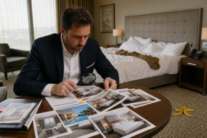 Profesional hotelero auditando fotografías y promesas comerciales frente a la experiencia real del hotel