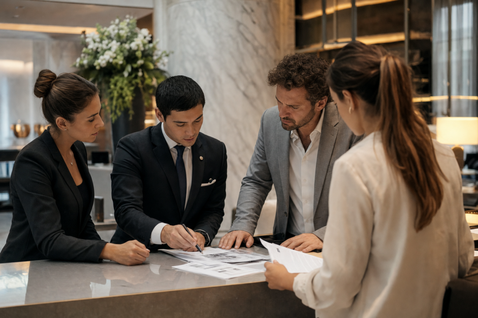Equipo hotelero tomando una decisión operativa dentro de límites de autoridad y riesgo definidos