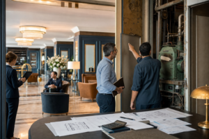 Profesionales hoteleros evaluando una instalación envejecida para priorizar CAPEX y proteger el GOP