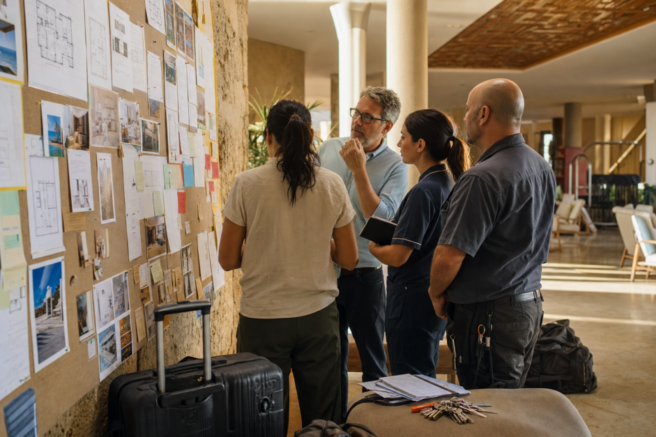 Equipo de un hotel estacional revisando aprendizajes y tareas de reapertura después del cierre de temporada