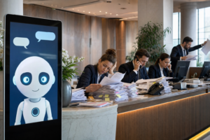 Equipo de recepción corrigiendo el trabajo adicional generado por un chatbot hotelero