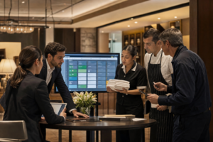 Equipo hotelero coordinando compromisos de la estancia mediante un CRM operativo