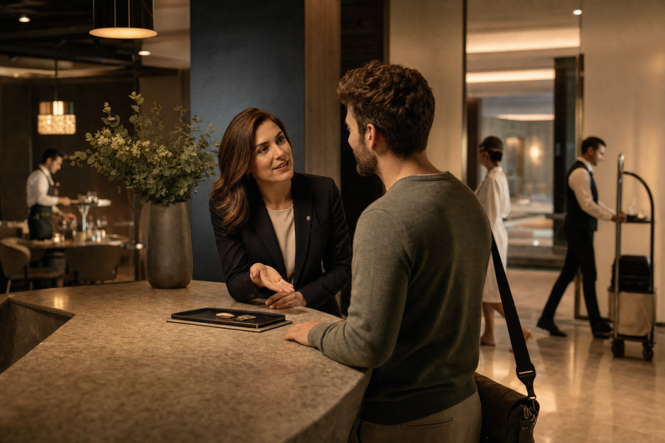 Profesional hotelera recomendando un servicio con criterio a un huésped en un hotel