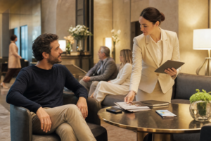 Huésped en un hotel recibiendo una única recomendación relevante en lugar de múltiples ofertas comerciales