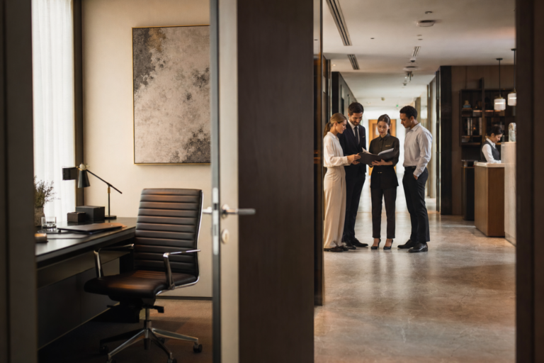 Equipo hotelero tomando decisiones mientras el despacho del director permanece vacío