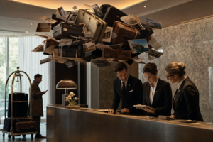 Equipo hotelero preparando una llegada bajo el peso simbólico de las expectativas creadas antes de la estancia