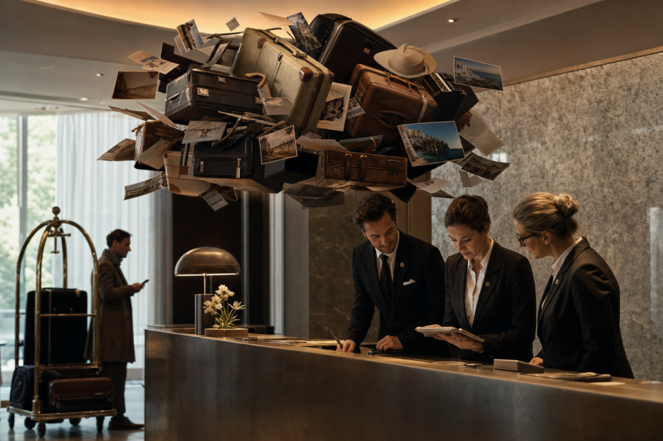 Equipo hotelero preparando una llegada bajo el peso simbólico de las expectativas creadas antes de la estancia