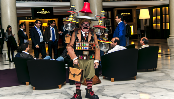 director de hotel espanol deambulando por el lobby del hotel vestido como un inventor loco de los comics, con muchos utensilios inventados por el pero que no sirven para nada