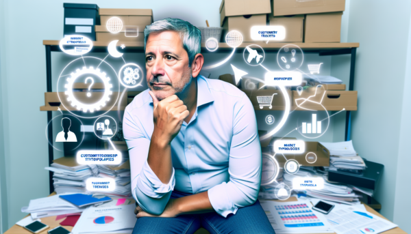 director de hotel espanol, muy pensativo con cara de incertudumbre por el futuro. esta rodeado de graficos que vuelan a su alrededor que marcan tendencias de mercado, conceptos sobre tipologias de cliente, etc. esta sentado en su despacho, amontonado de documentos y revistas.