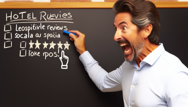 director de hotel espanol, pidiendo a sus huespedes para que pongan reviews positivas y hagan like en las redes sociales, explicando como hacerlo delante de una pizarra y poniendo ejemplos en espanol en la pizarra, y siendo expresivo con un latigo al estilo Indiana Jones