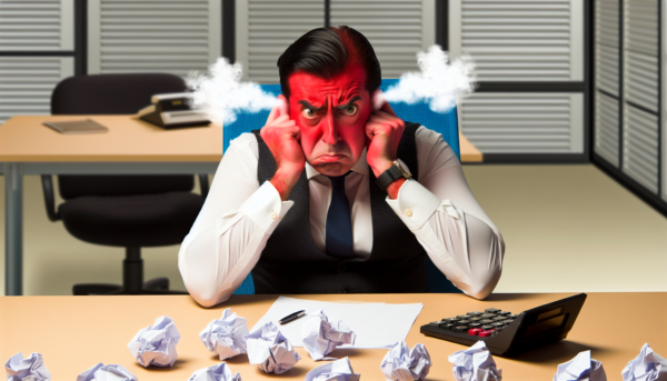 director de hotel espanol, sentado en su despacho, muy pensativo, con la cara roja, sacando humo por las orejas y muy nervioso, moviendo papeles y con cara de preocupacion e incertidumbre. Tiene una calculadora que tambien echa humo, y un monton de bolas de papel encima de la mesa por que ha cometido muchos errores