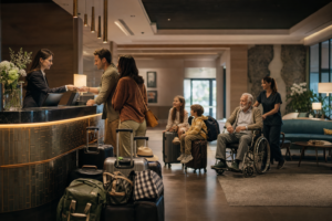 Una familia multigeneracional llega a la recepción mientras el hotel atiende principalmente al titular de la reserva.