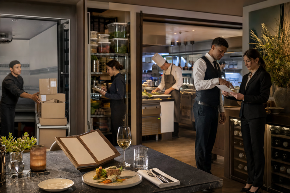 Equipo de restauración hotelera verificando una petición alimentaria desde la carta y la cocina hasta el servicio en mesa