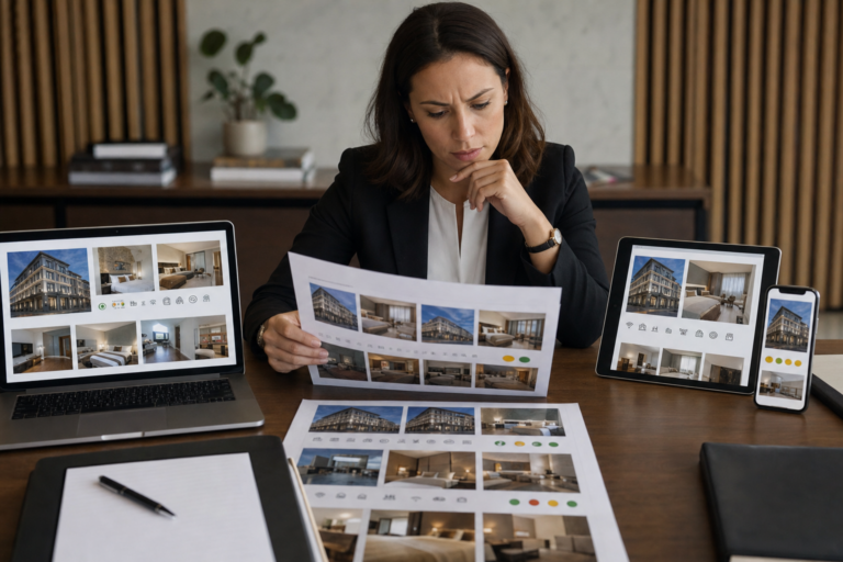 Profesional hotelera compara distintas versiones del mismo hotel publicadas en varios canales de venta
