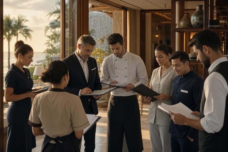 Equipo de un hotel estacional preparando la reapertura y revisando planes de reincorporación y continuidad del talento.