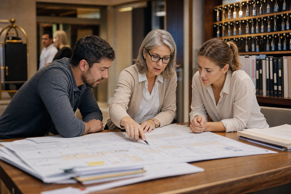 Equipo hotelero compartiendo conocimiento operativo y procedimientos para asegurar la continuidad del hotel