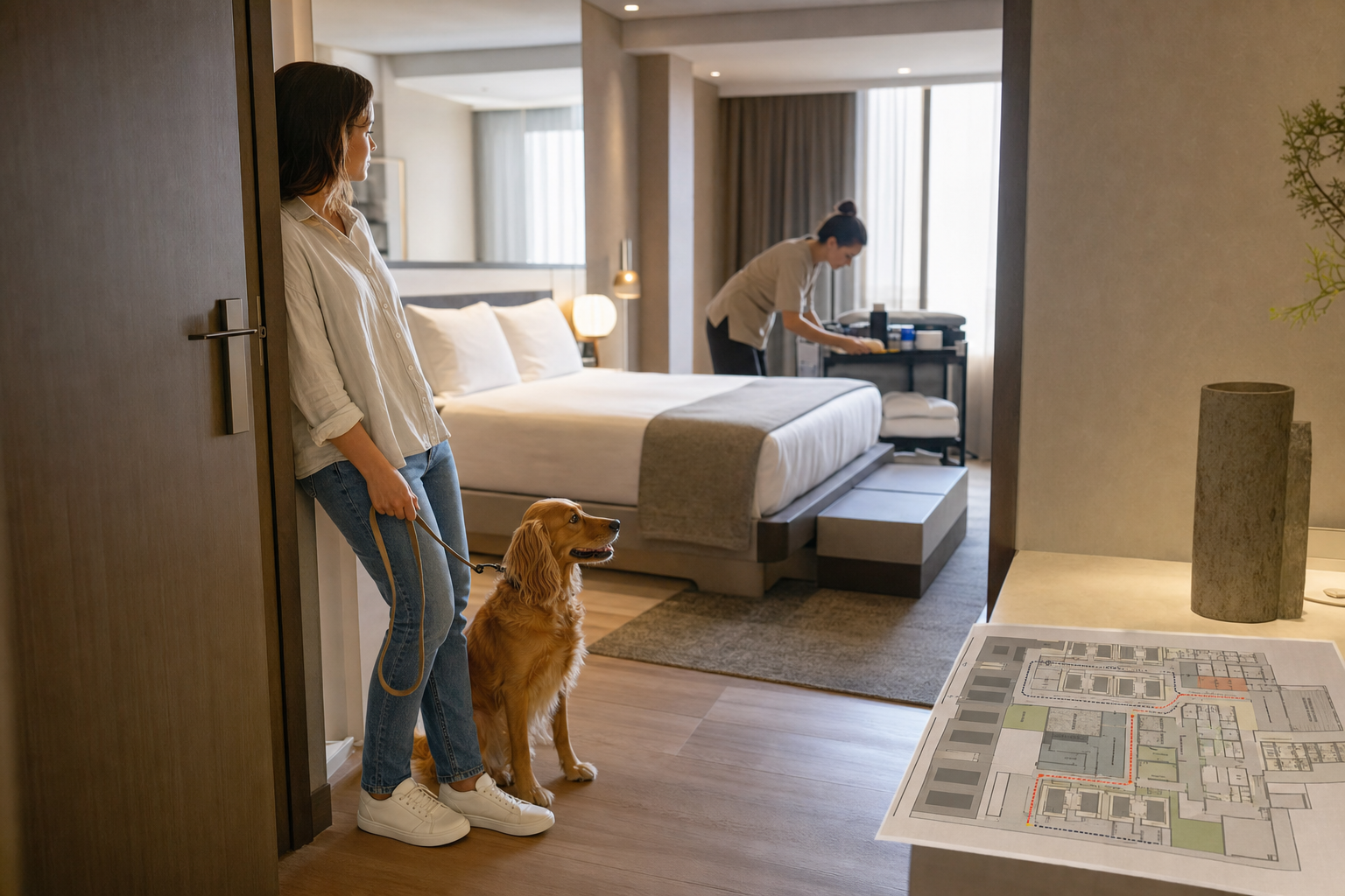 Perro junto a una habitación de hotel preparada mediante una operación pet friendly coordinada