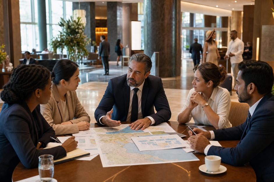 Equipo hotelero diverso analiza mercados internacionales y decisiones estratégicas en un hotel.