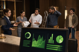 Equipos de hotel protegen KPI departamentales mientras un huésped espera en segundo plano