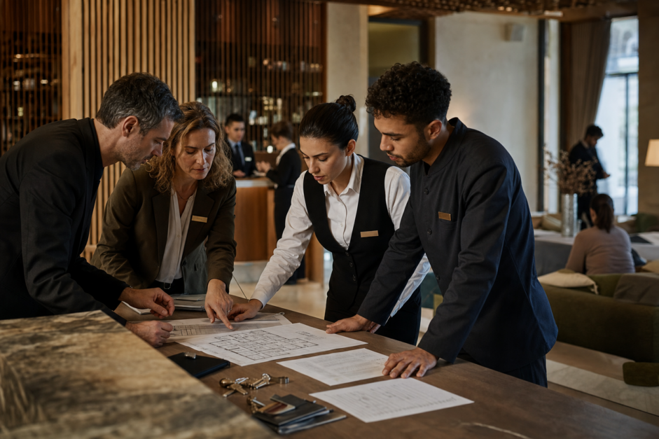 Equipo de un hotel independiente coordinando un plan de continuidad operativa mientras el establecimiento permanece en funcionamiento