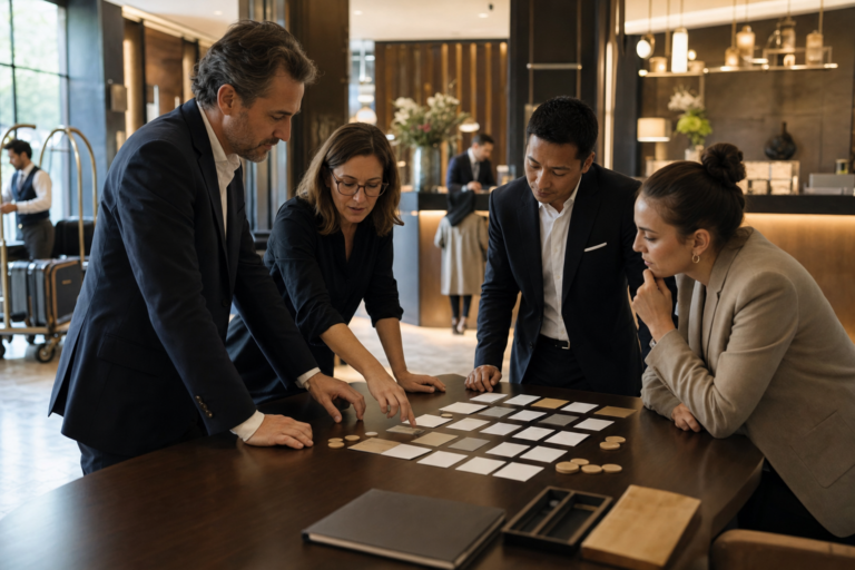 Profesionales hoteleros analizando una matriz de autoridad para decisiones de inteligencia artificial