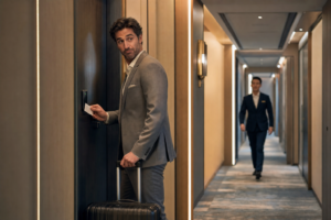 Huésped afrontando una microfricción con la tarjeta de acceso en el pasillo de un hotel de lujo