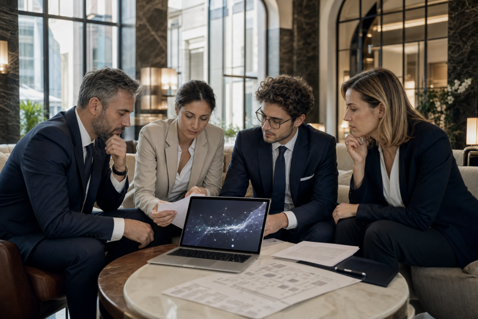 Equipo hotelero revisando las implicaciones legales antes de implementar una solución de inteligencia artificial