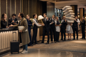 Huésped repitiendo una petición a numerosos empleados desconectados en el vestíbulo de un hotel