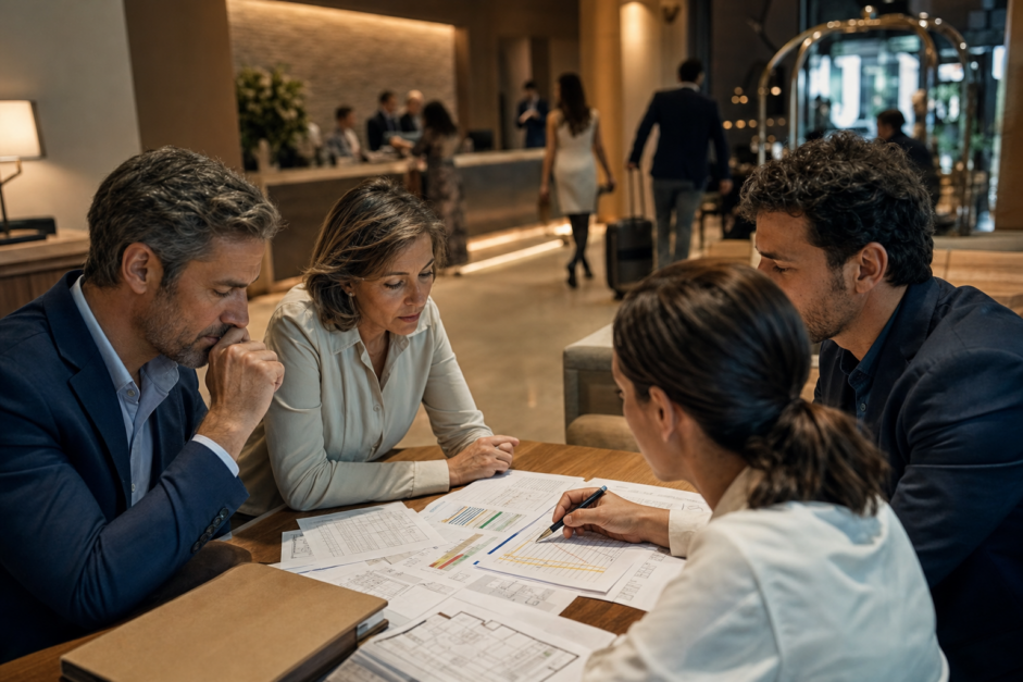 Equipo hotelero revisando el presupuesto de plantilla y la capacidad de servicio del hotel