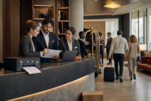 Equipo de recepción hotelera coordinando decisiones de alto valor durante la estancia de los huéspedes