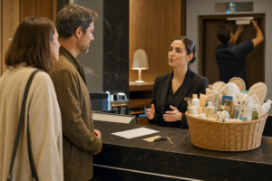 Equipo hotelero reparando una incidencia mientras atiende y compensa a los huéspedes