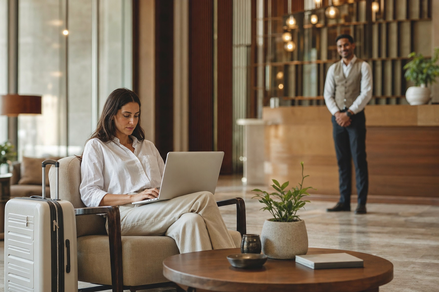 Huésped revisando con confianza el precio completo de una reserva hotelera