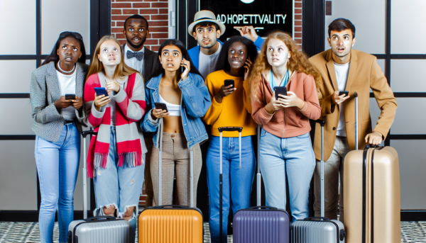 un grupo de millenials ansiosos por ser los primeros en reservar un hotel a traves de su telefono movil. Estan esperando a que sea la hora adecuada para poder hacerlo. tienen el equipaje preparado unto a ellos y tienen mucha prisa y ganas para poder ir al hotel que van a reservar. estan esperando delante de la entrada de un hotel, en el que hay un letrero con el logotipo de Lead Hospitality