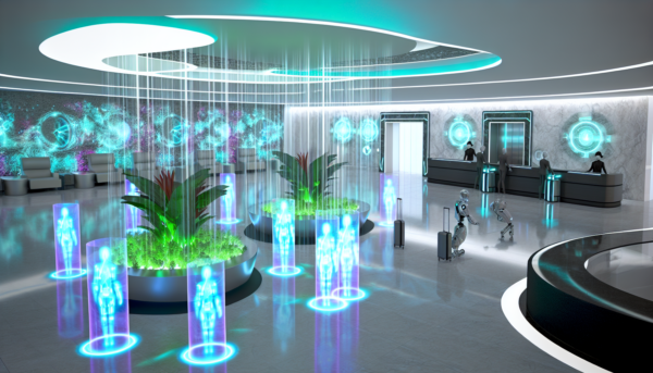 un lobby de hotel del futuro, como sera en el ano 2898, con bots de IA trabajando como rcepcionistas