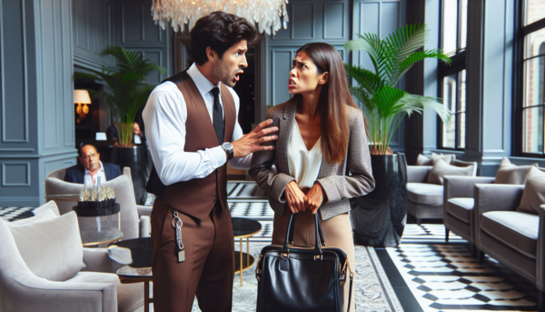 una clienta de un hotel, muy desconfiada por temor a que le roben y enfadada con el personal por la falta de privacidad